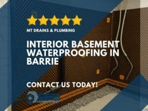 interior waterproofing project complete with waterproof membrane installed on walls and weeping tile buried in small stones