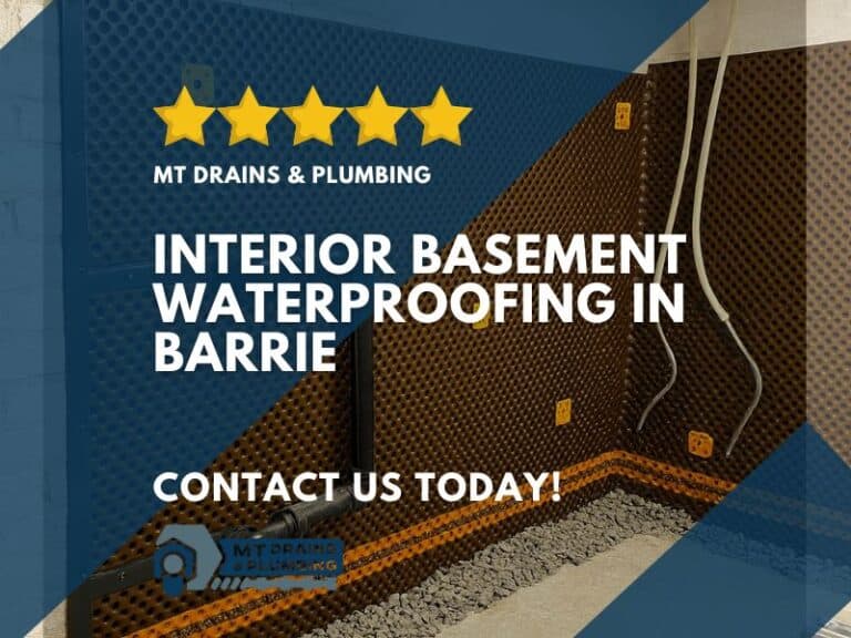 interior waterproofing project complete with waterproof membrane installed on walls and weeping tile buried in small stones