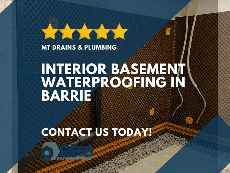 interior waterproofing project complete with waterproof membrane installed on walls and weeping tile buried in small stones